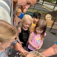 Adult and children looking at a butterfly