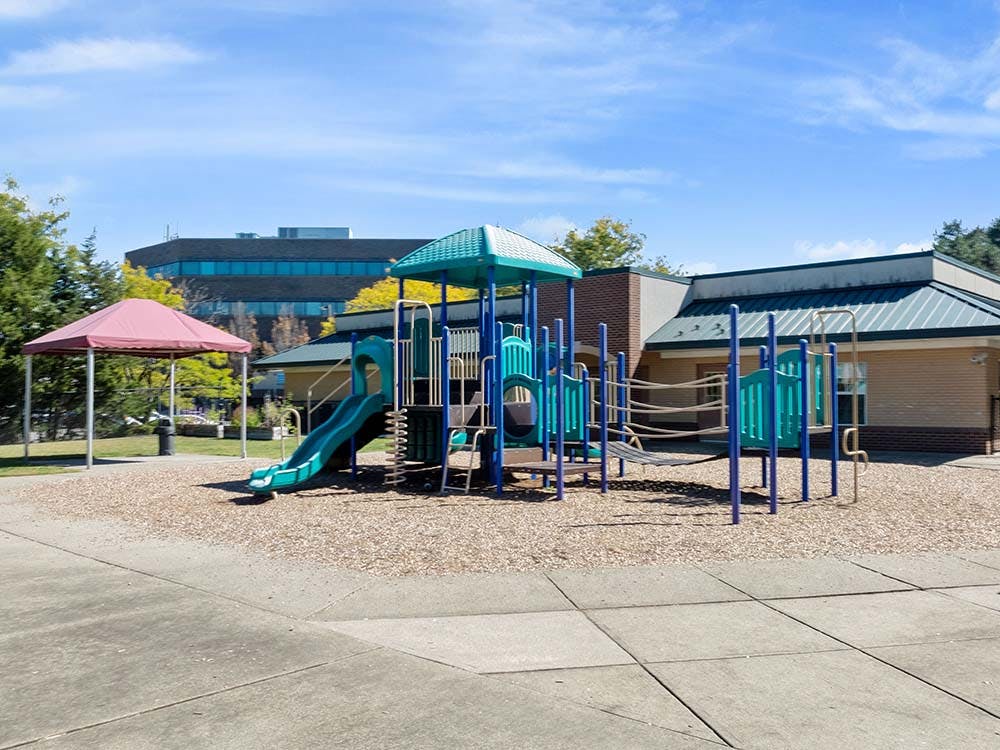 A colorful playground set with slides and climbing structures