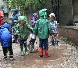 Children in rain gear playing in puddles