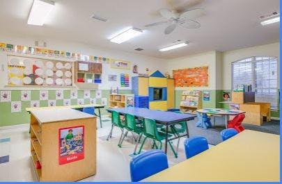 Classroom with small tables and chairs