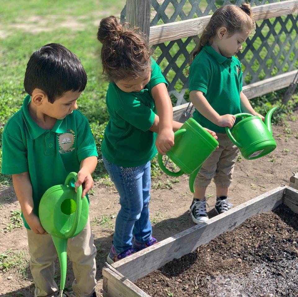 Three children watering a garden bed with green watering cans