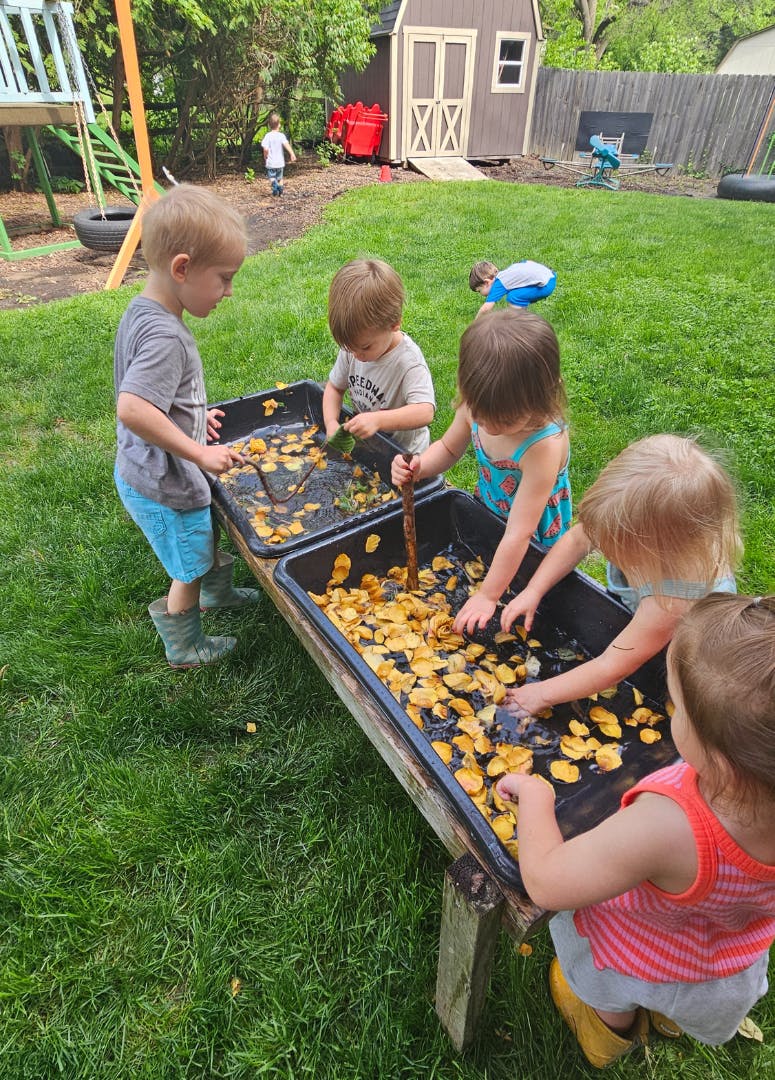 Several children playing with water and leaves in an outdoor trough