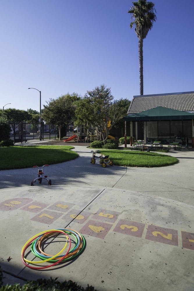 Hula hoops on a hopscotch court with a building and palm tree in the background