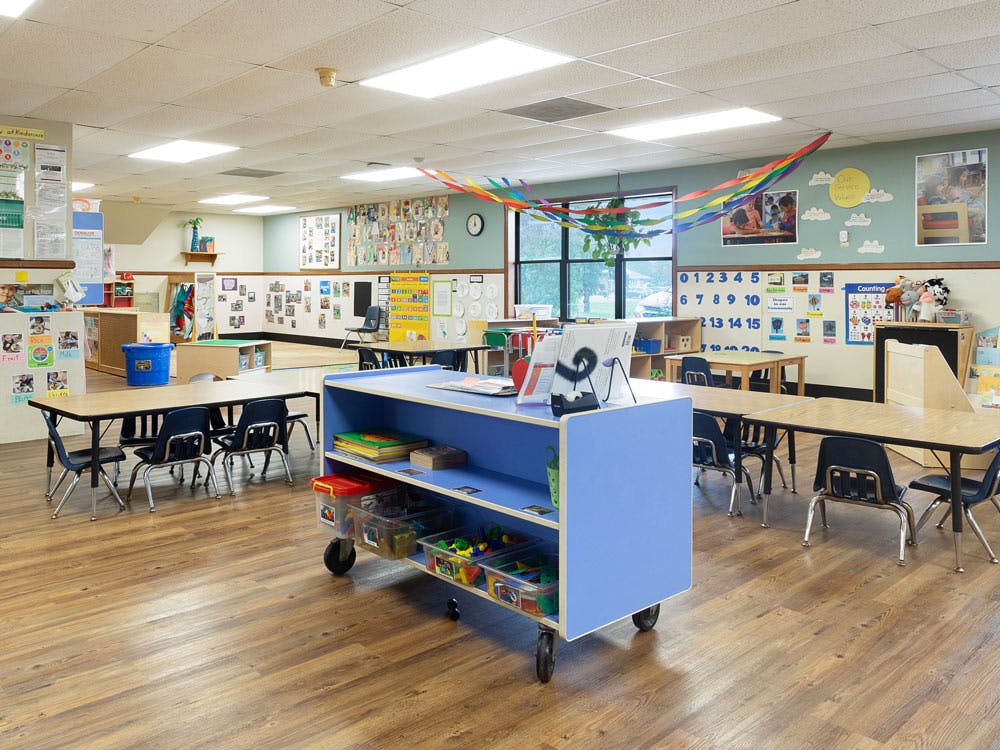 Classroom with tables, chairs, and learning materials
