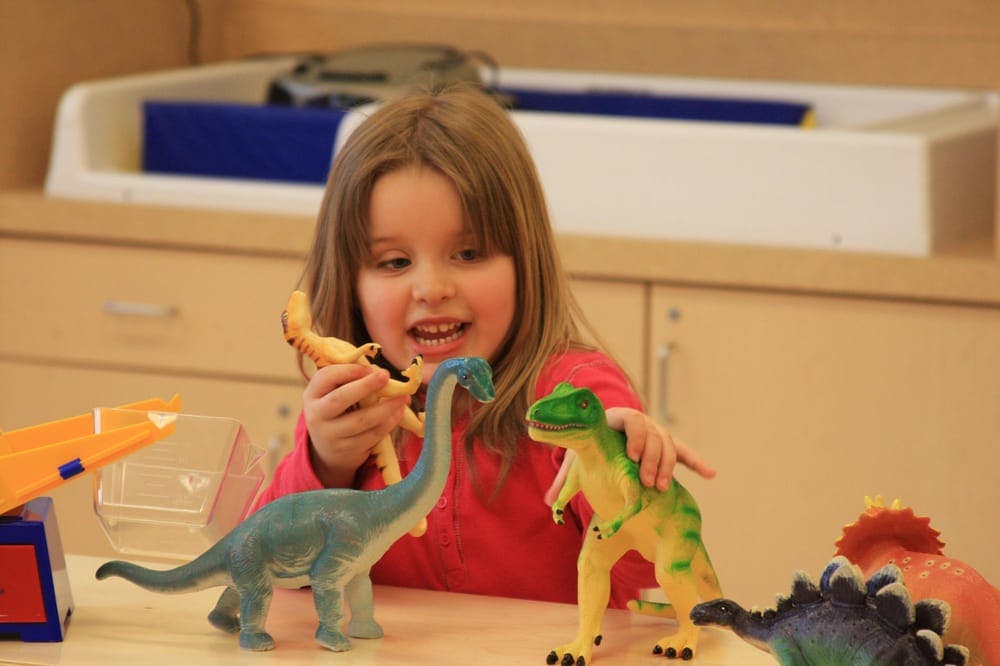 Child playing with dinosaur toys