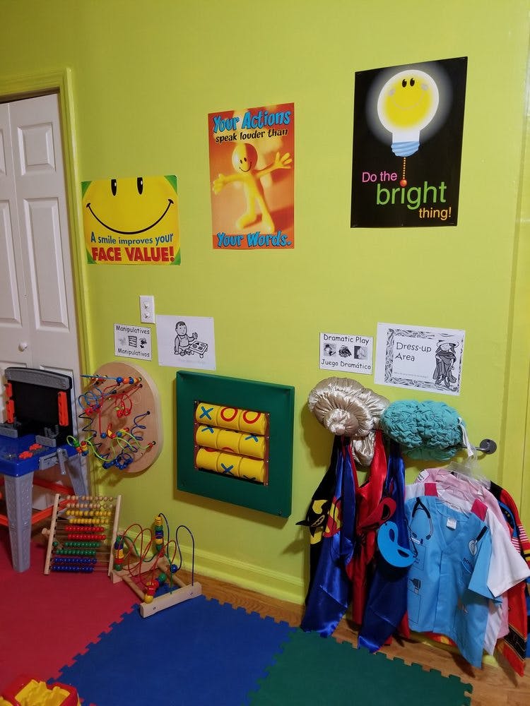Playroom with posters, toys, and dress-up clothes