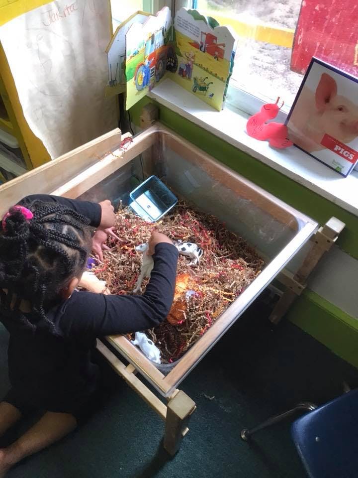 Child playing with toys in a sensory bin filled with dried leaves