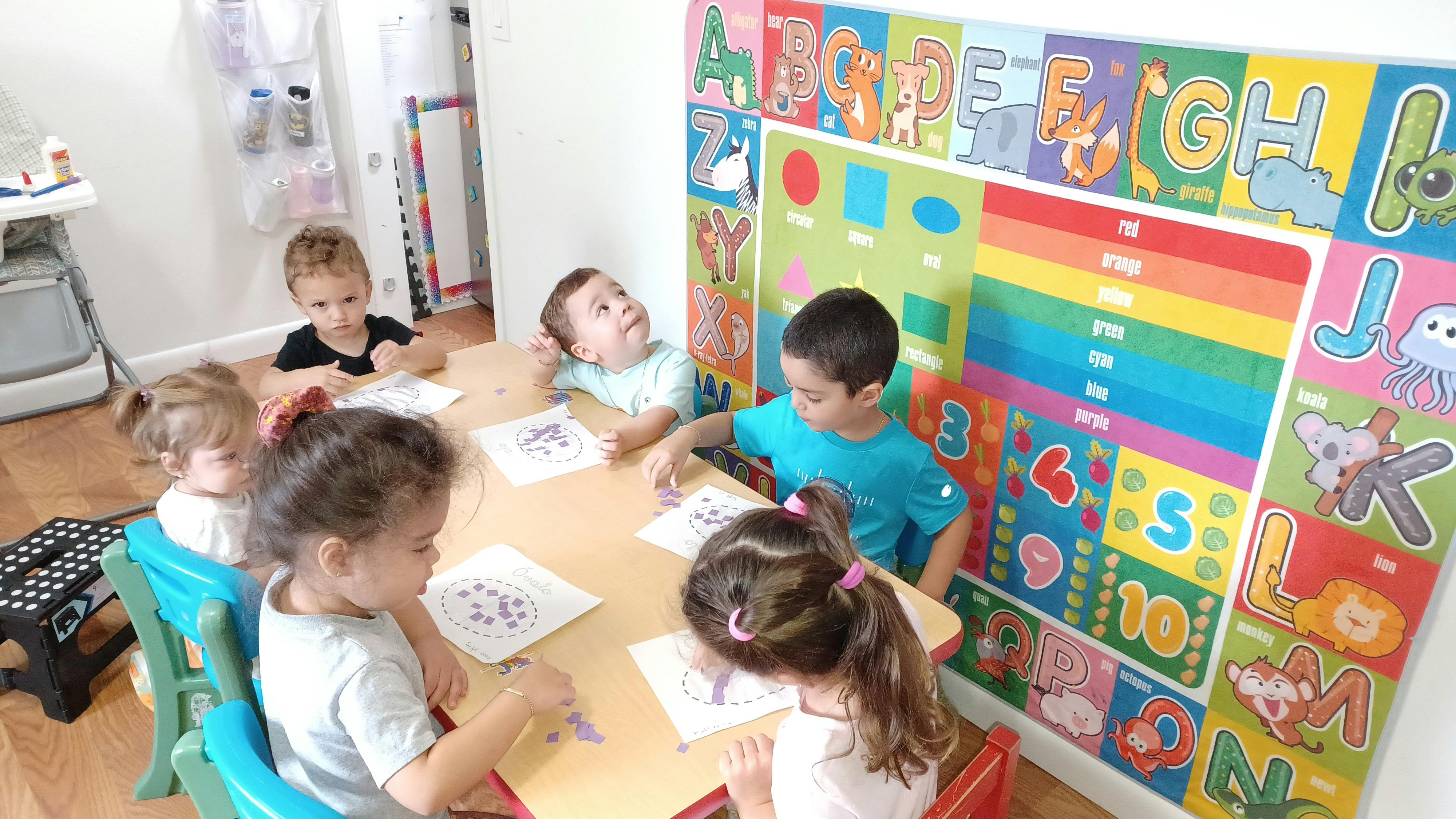 Children sitting at a table with papers in a classroom