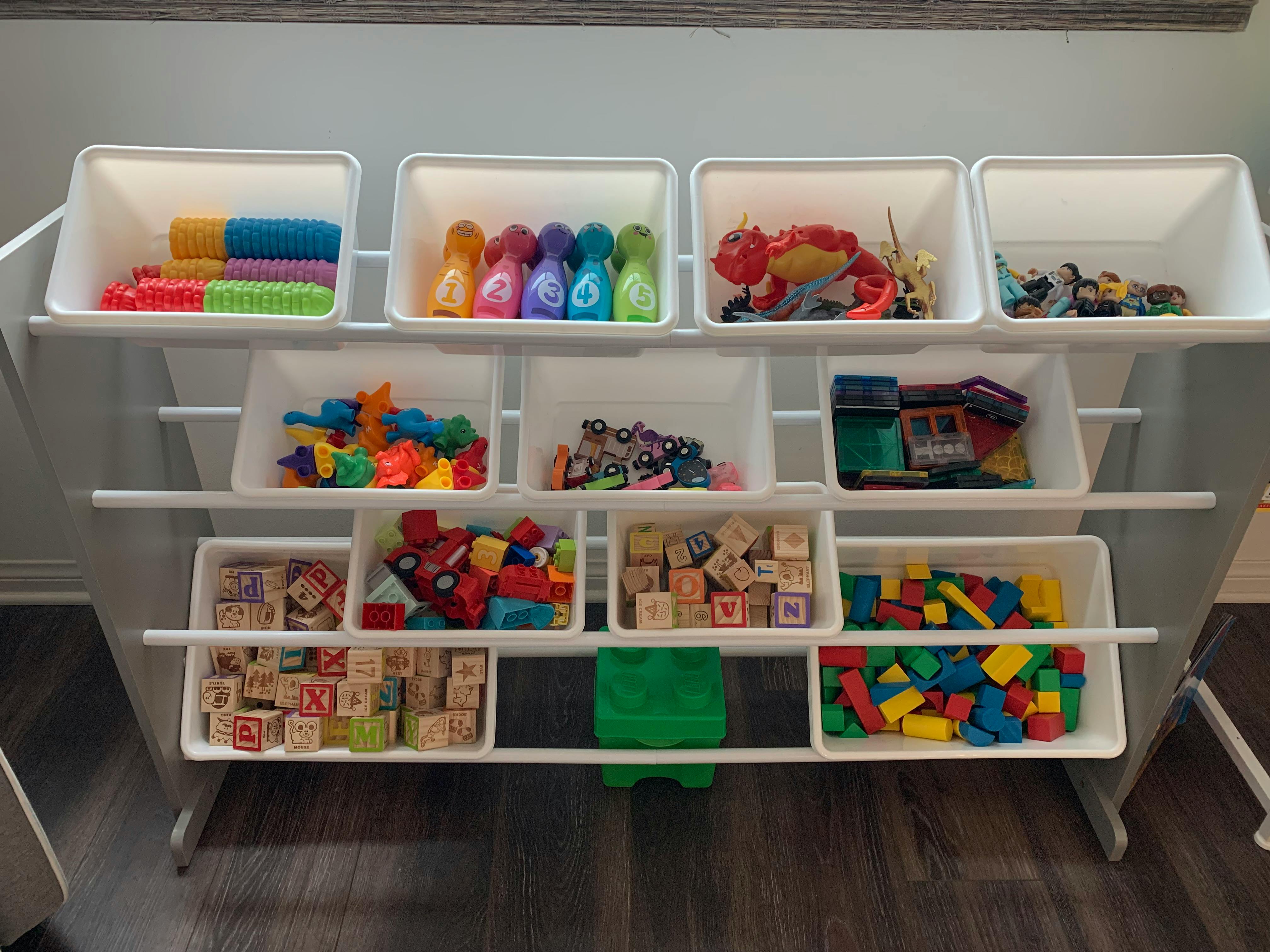 Toy organizer with multiple bins filled with various toys