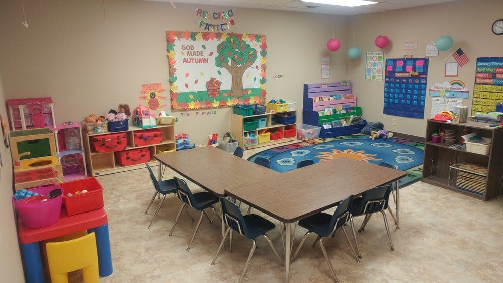 Classroom with tables, chairs, and colorful decorations