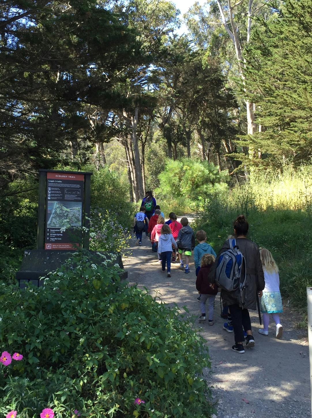 Group of people and children walking on a path in a wooded area