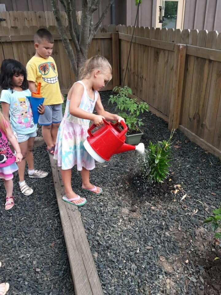 Child watering a plant with a red watering can, other children nearby