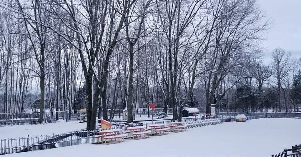 Snow-covered park with trees and picnic tables