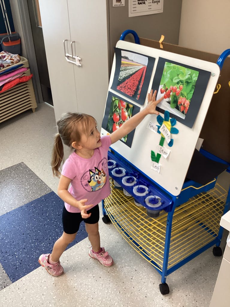 Child reaching for a picture on an easel