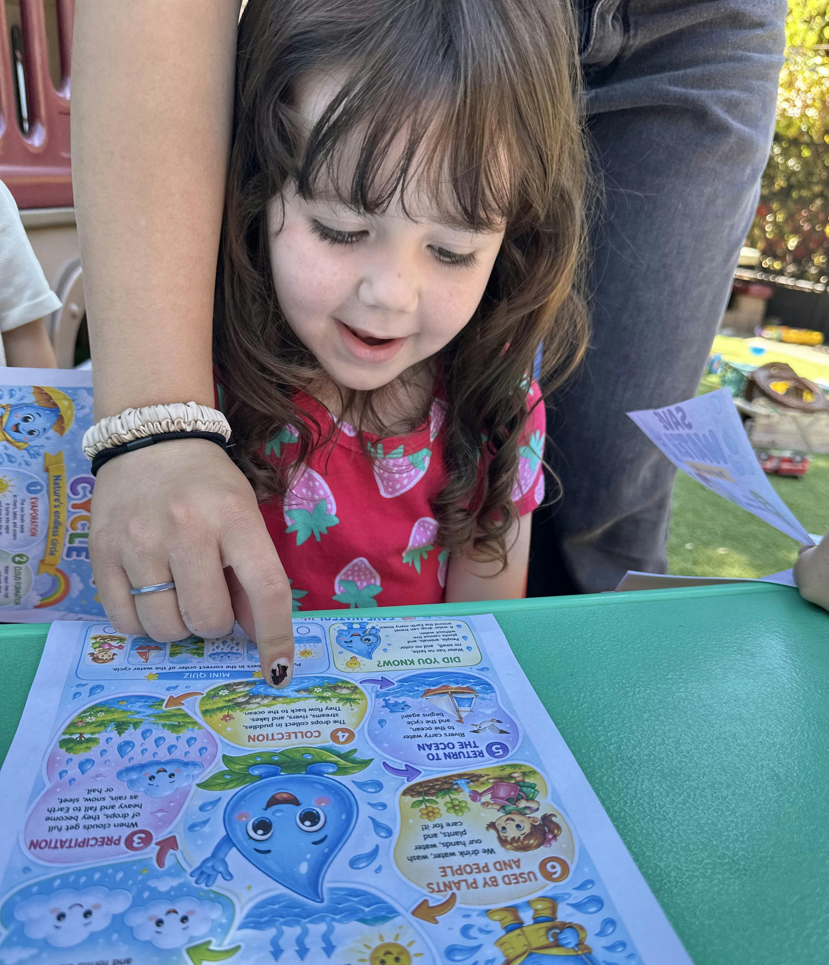 Child looking at a water cycle diagram with a person's hand pointing