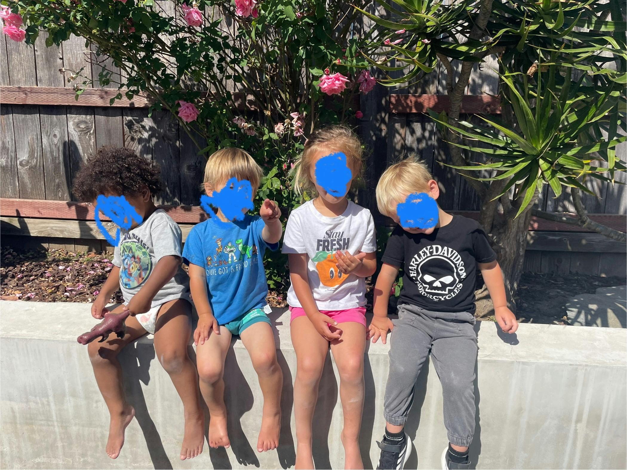 Four children sitting on a concrete wall in front of a bush