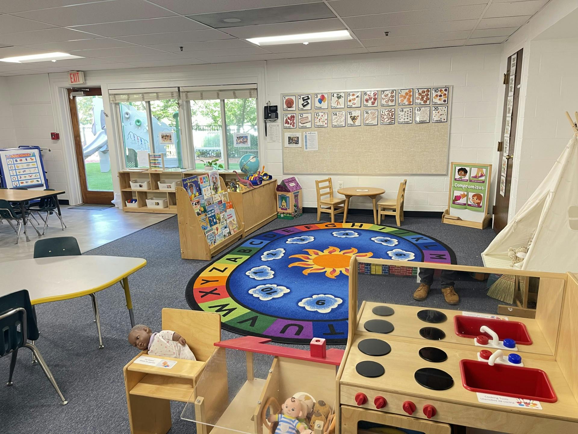 Classroom interior with furniture and learning materials