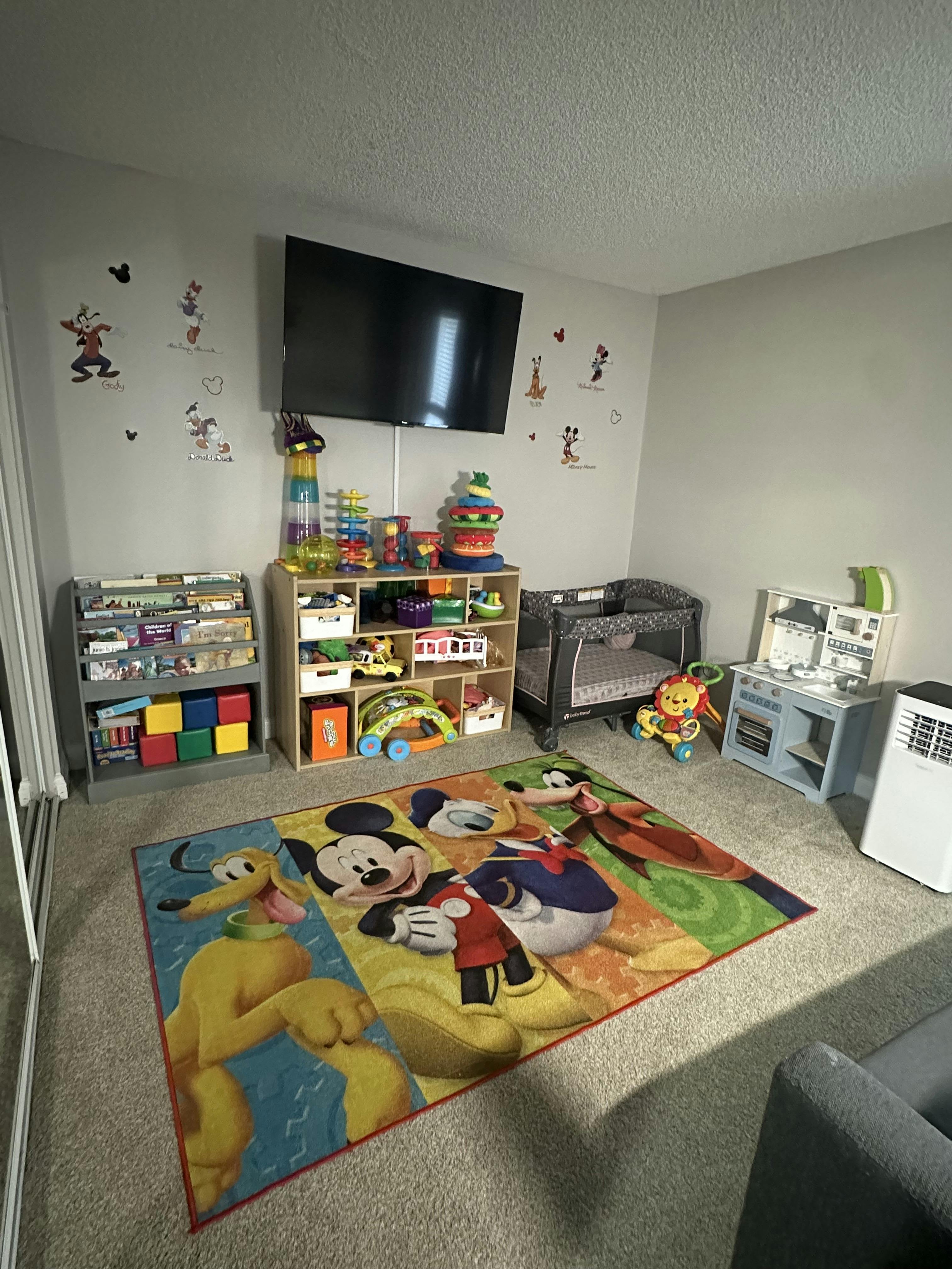 Playroom with a Mickey Mouse rug, toy shelves, and a television