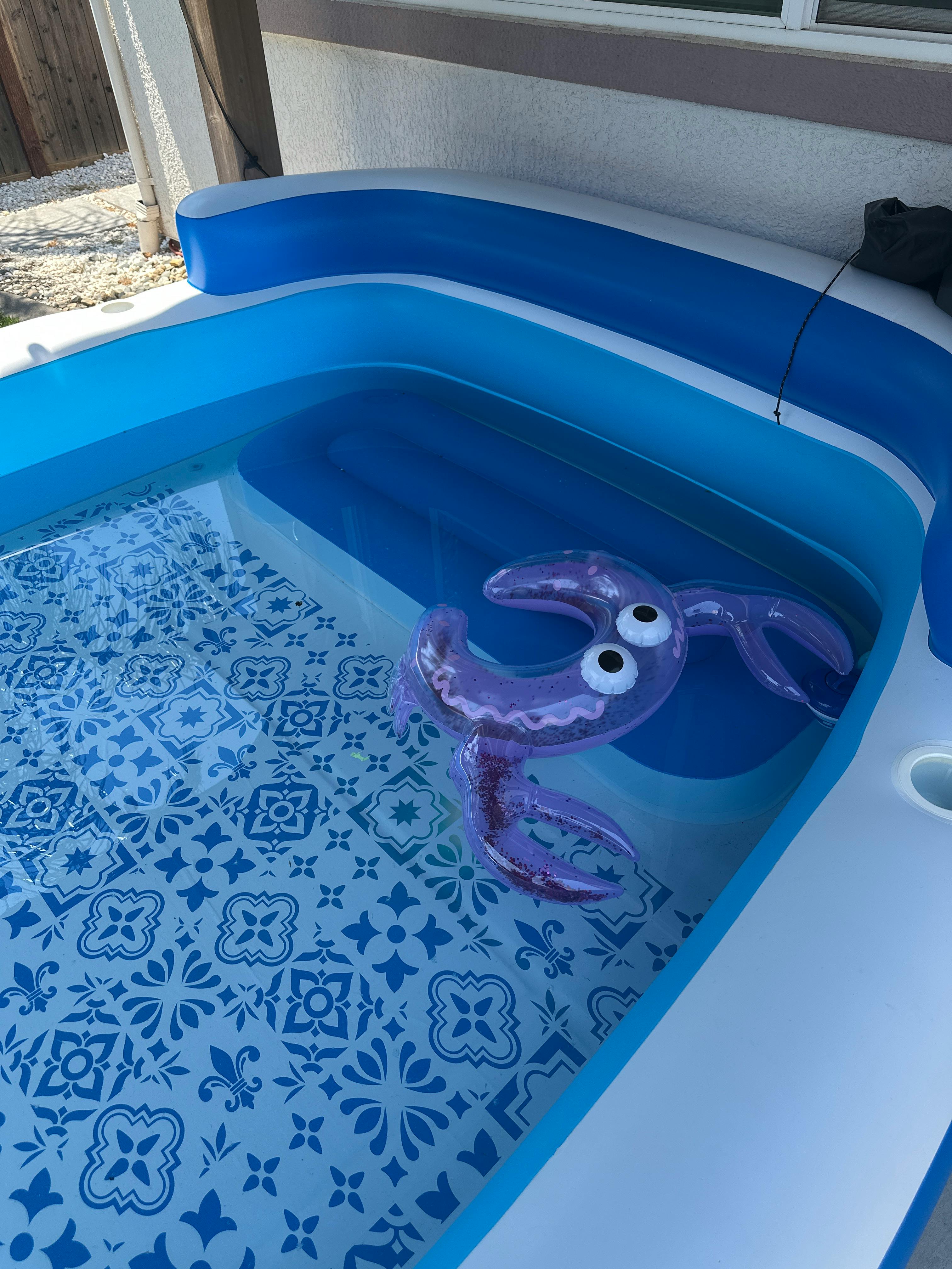 Inflatable pool with a purple crab float