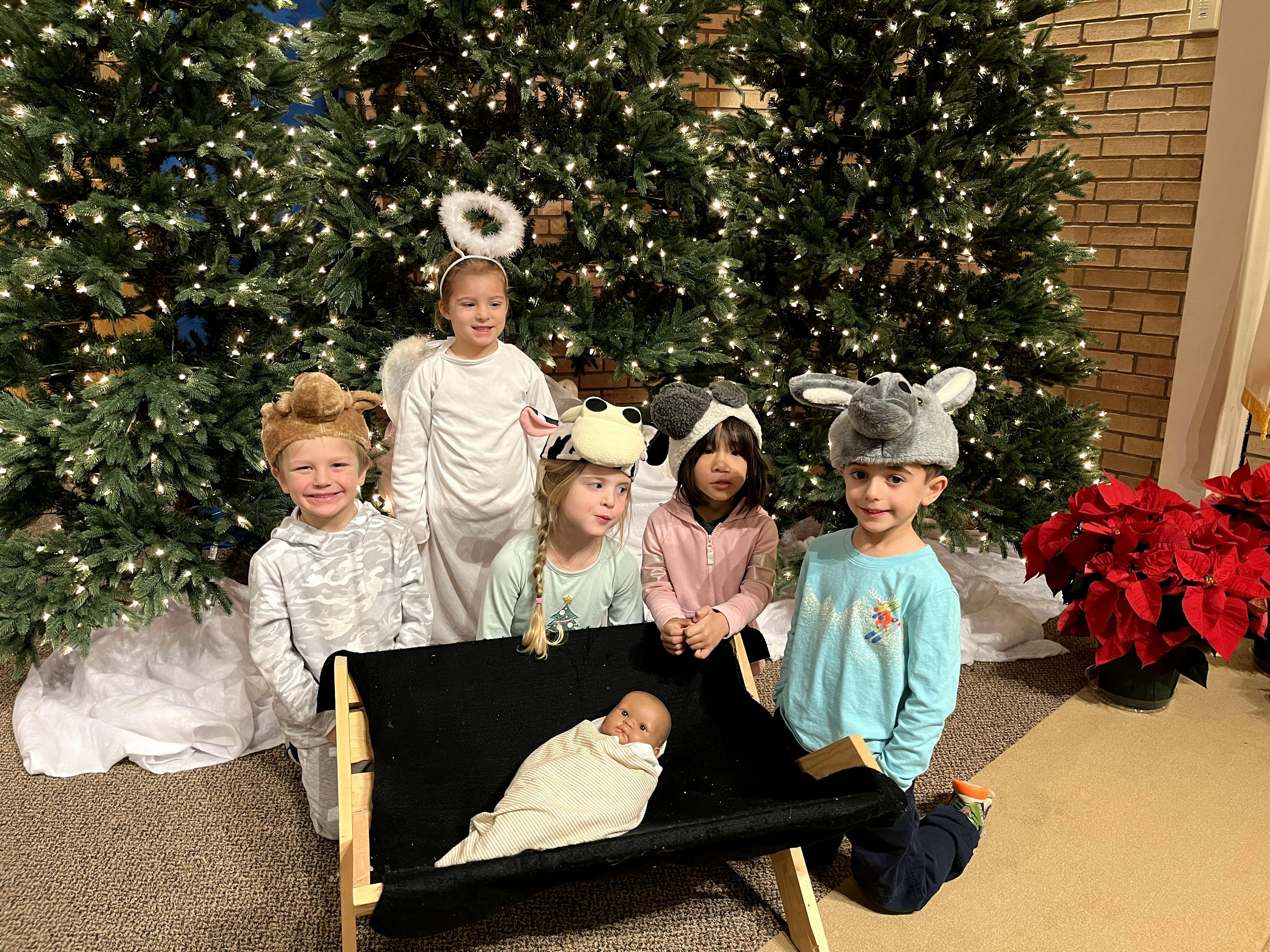 Children in costumes with a baby in a manger in a manger in front of a Christmas tree