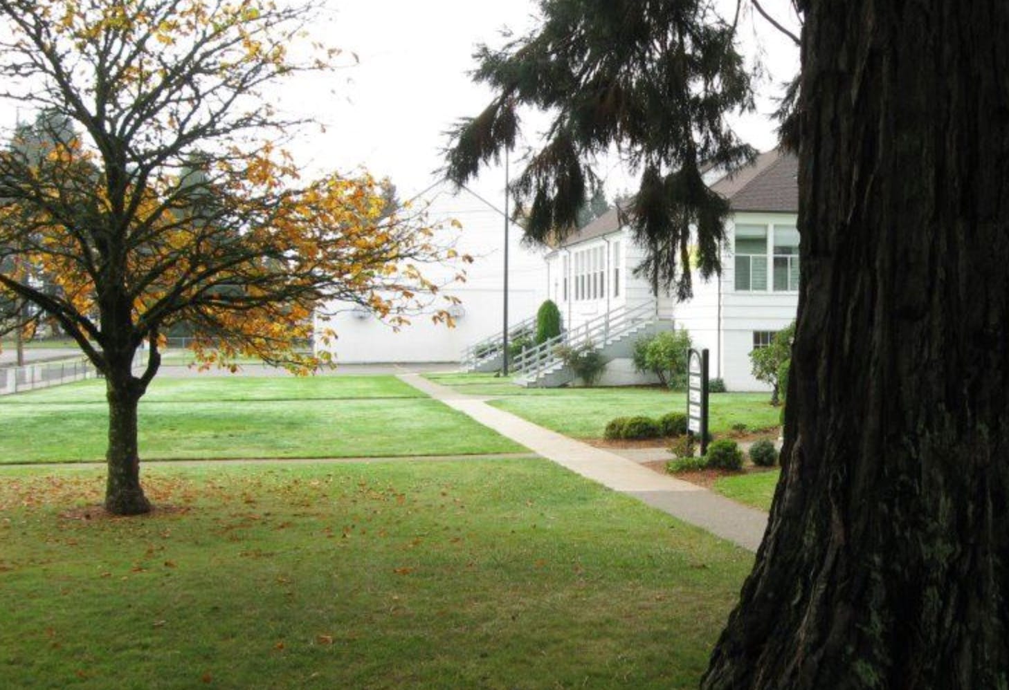 Grassy lawn with a path leading to a white building, trees on either side