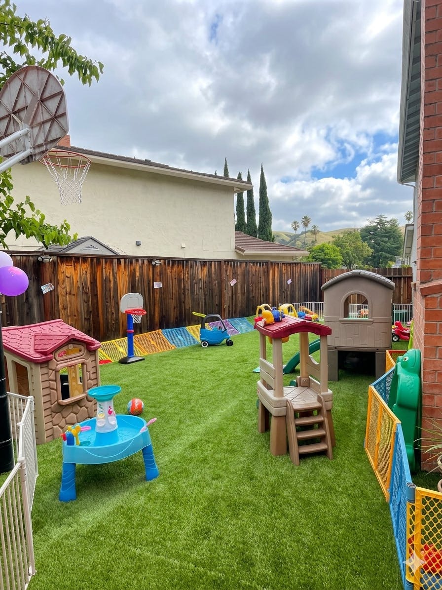 backyard play area with multiple plastic play structures and a basketball hoop