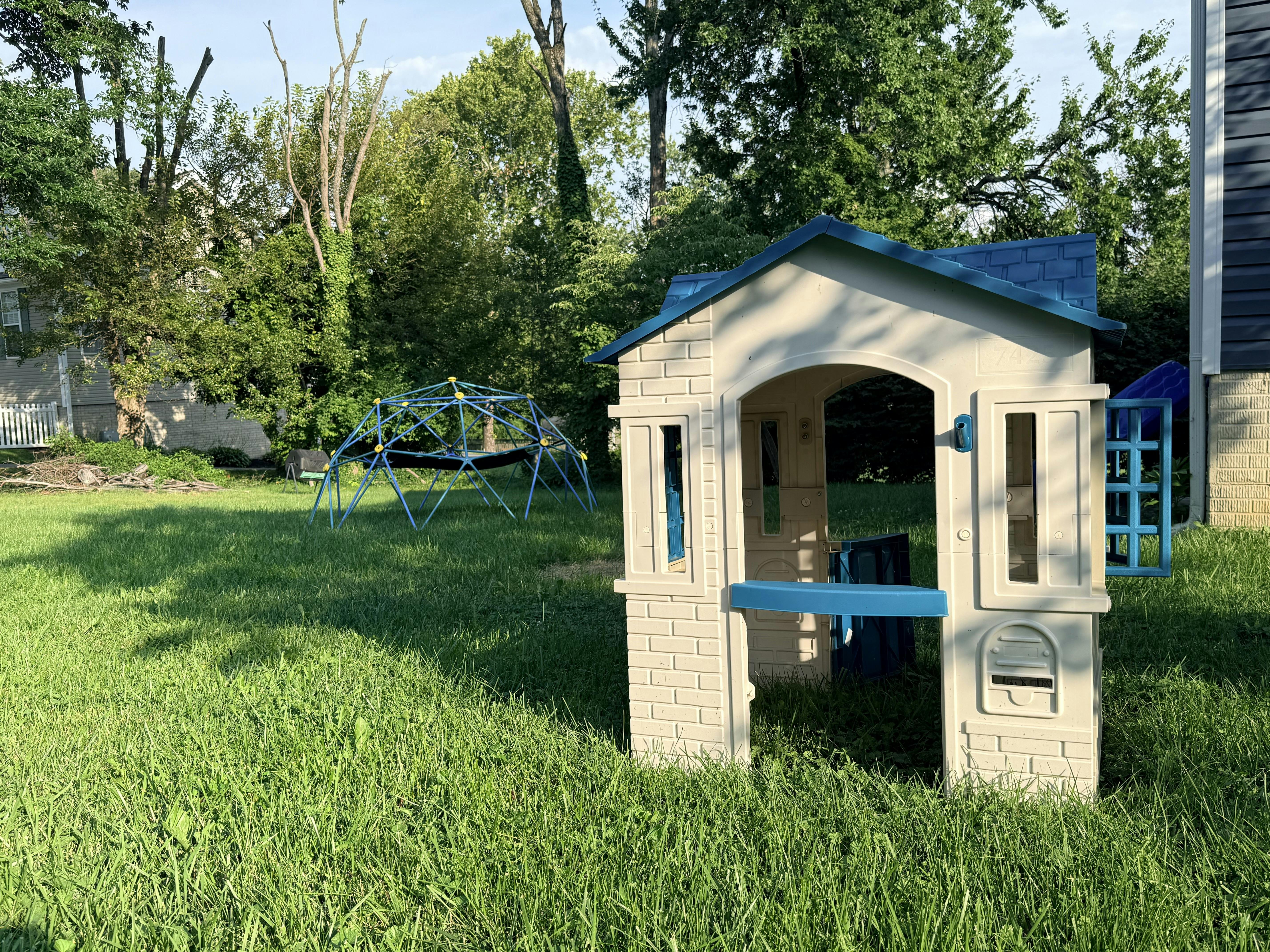 Plastic playhouse and dome climber in a grassy backyard