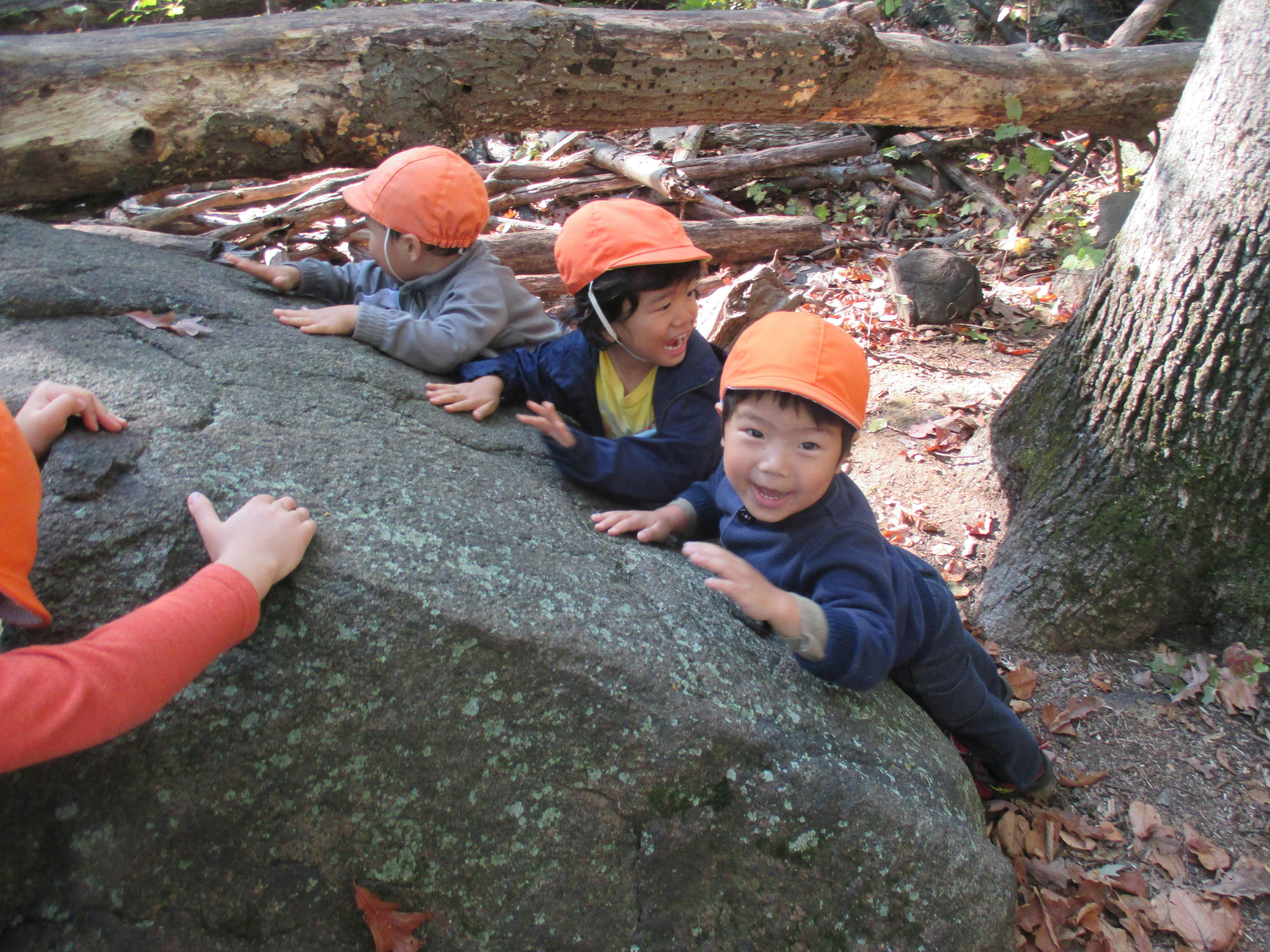 Children in orange hats climbing on a large rock