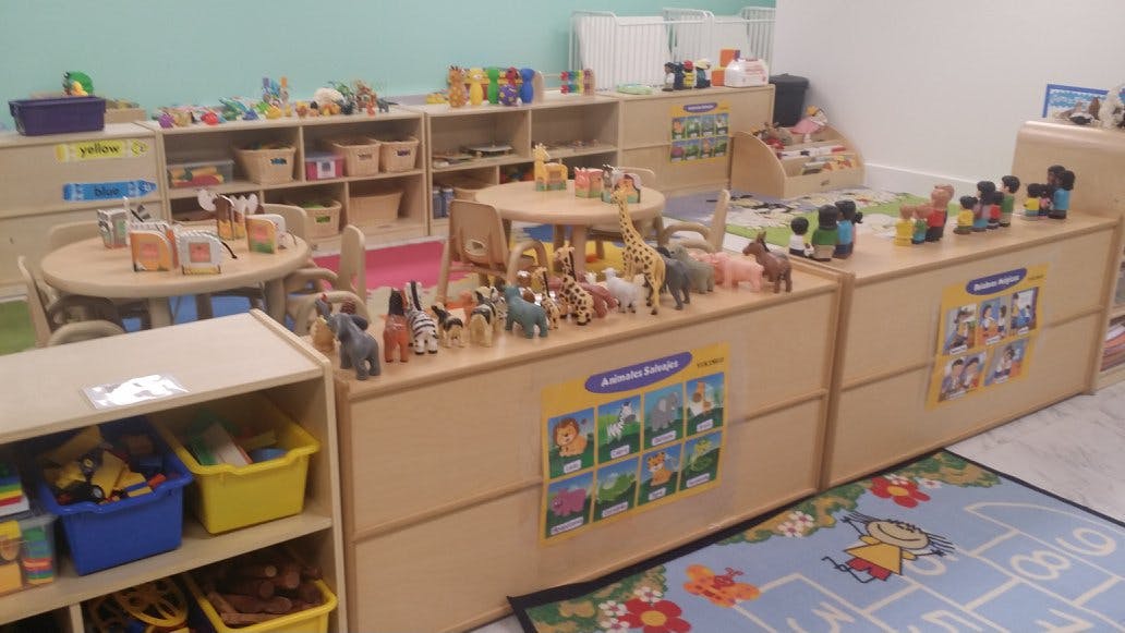 Playroom with shelves, tables, and animal toys