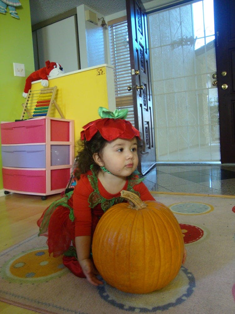 Child in costume with a pumpkin