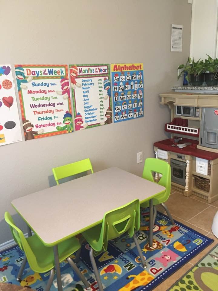 Children's classroom with a table, chairs, and educational posters on the wall