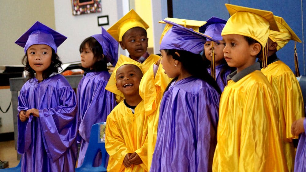 Children in graduation caps and gowns