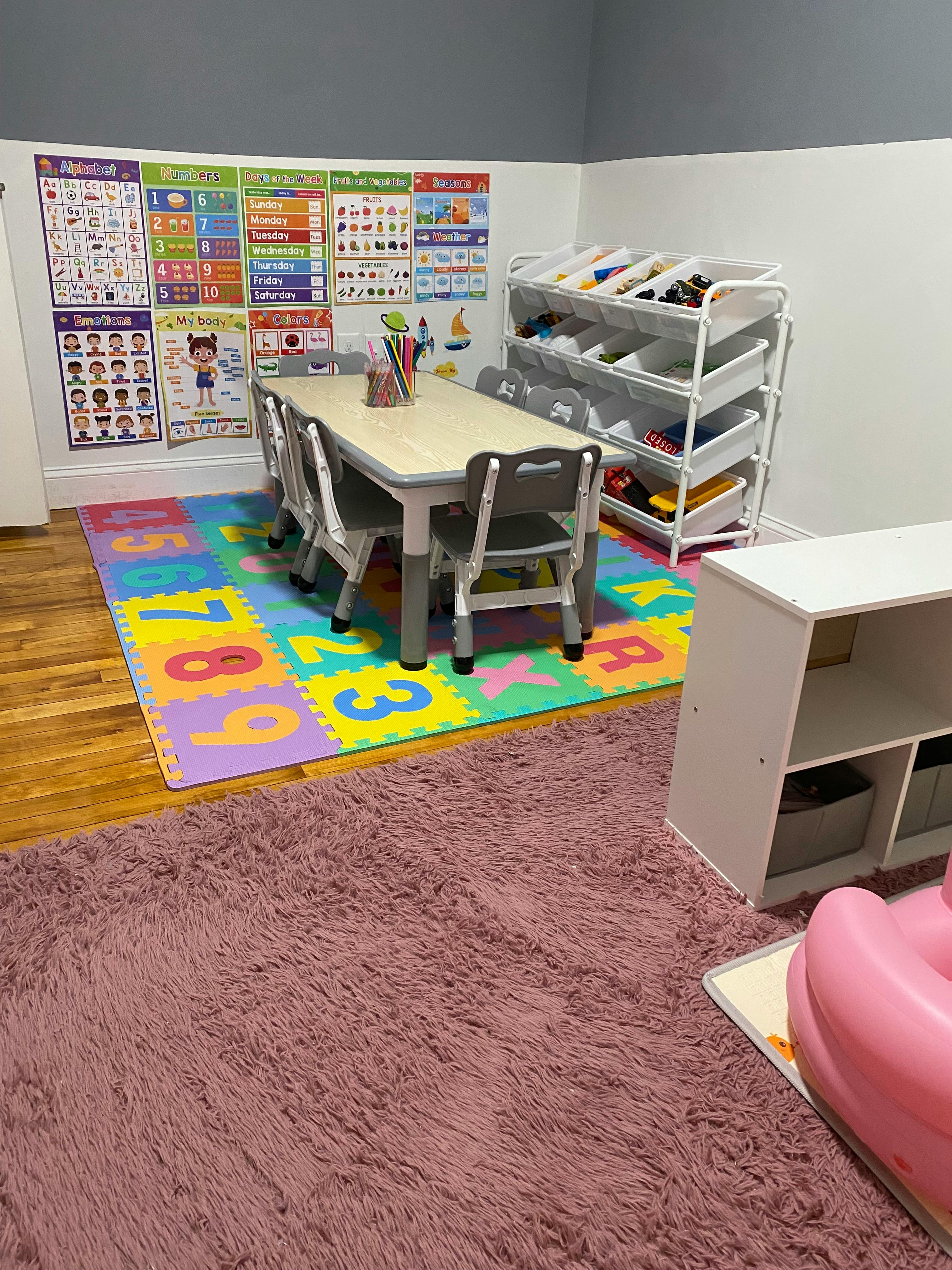 Child's play area with a small table and chairs, toy organizer, and educational posters