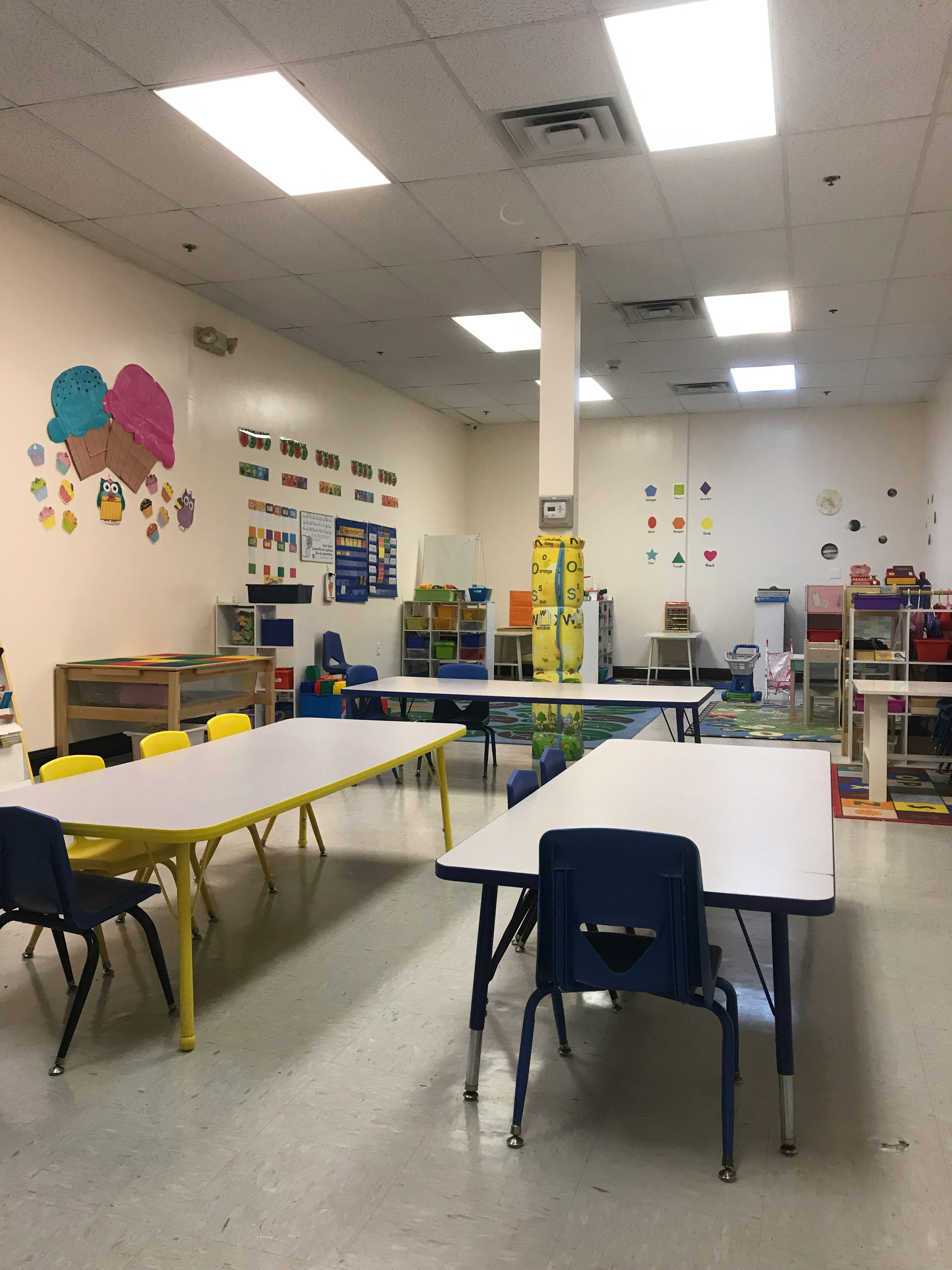 Empty classroom with small tables and chairs