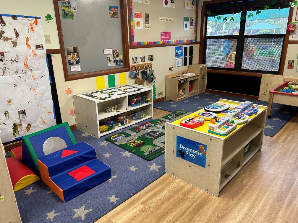 Classroom with play areas and toys, Dramatic Play sign