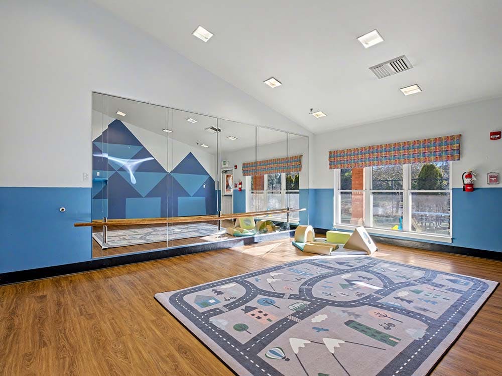 Playroom with a map rug, mirrors, a ballet barre, and large windows