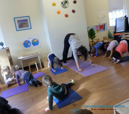 Adult and children doing yoga poses on mats in a room