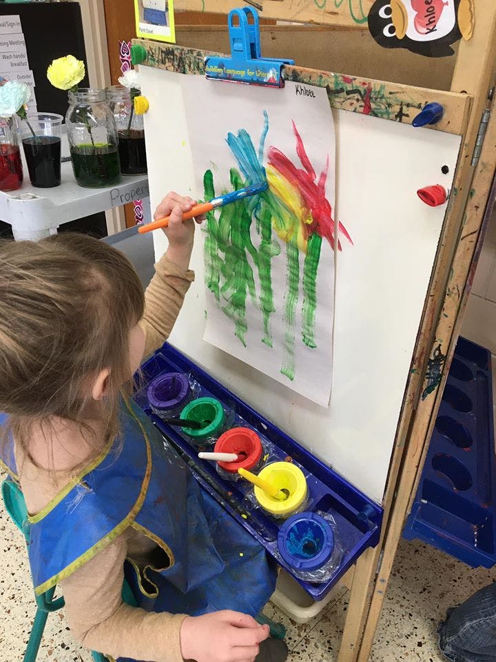 Child painting on an easel in a classroom
