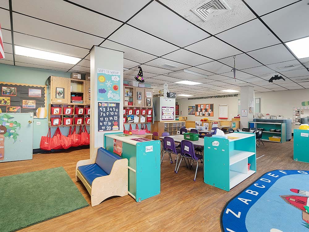 Classroom with child-sized furniture and colorful educational posters