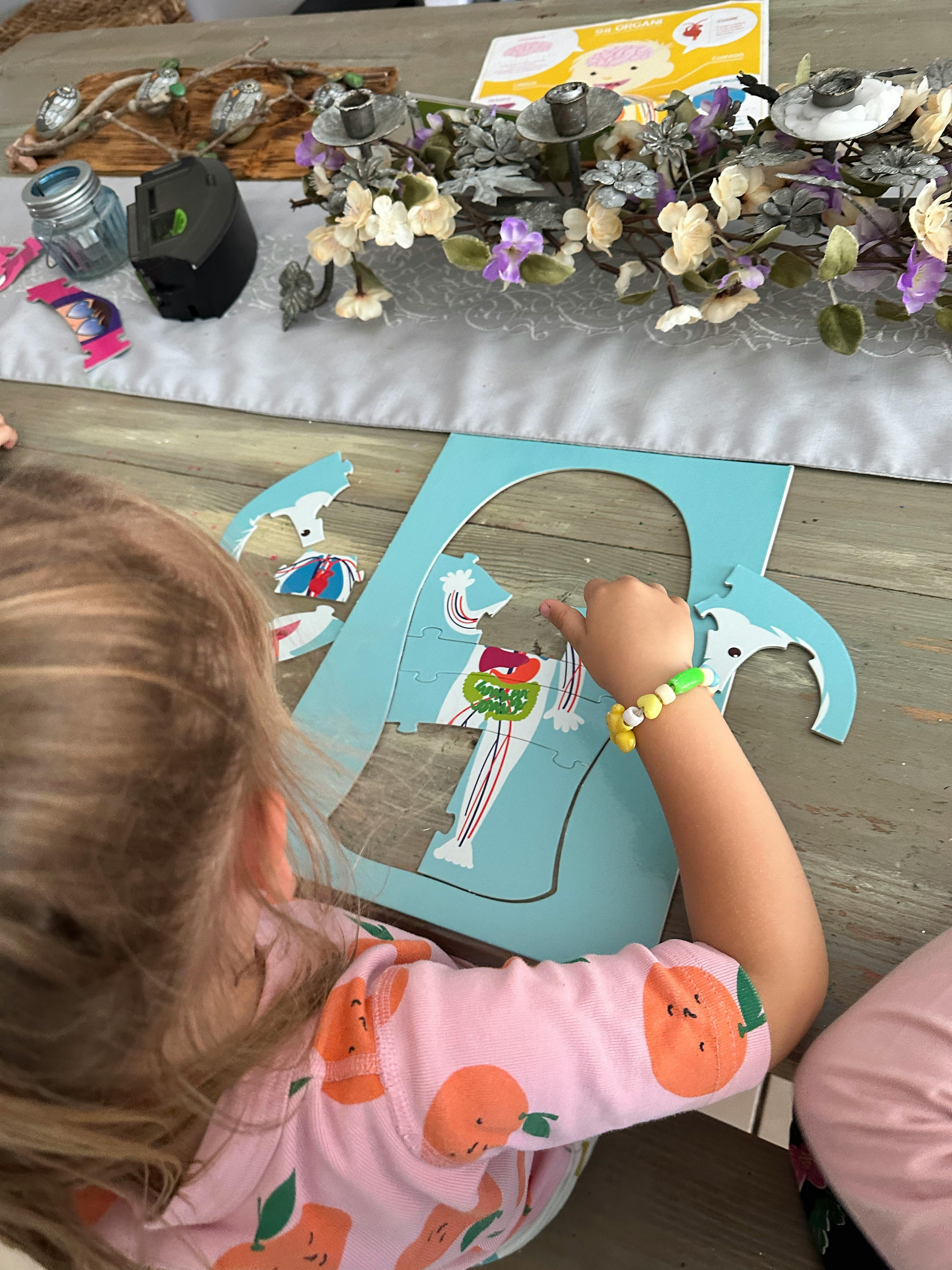 Child playing with a human anatomy puzzle