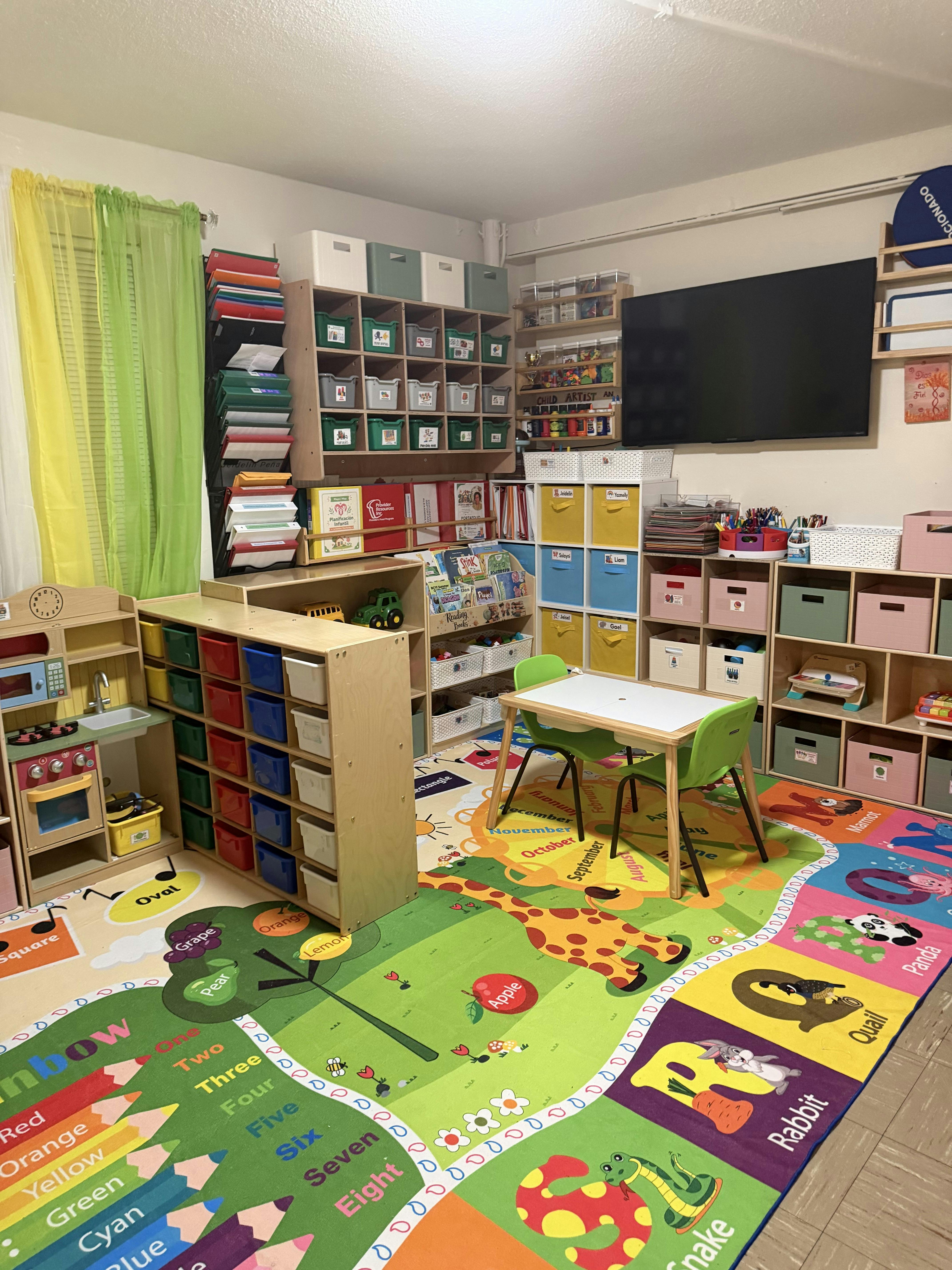 Classroom interior with educational toys shelves and children's activity area