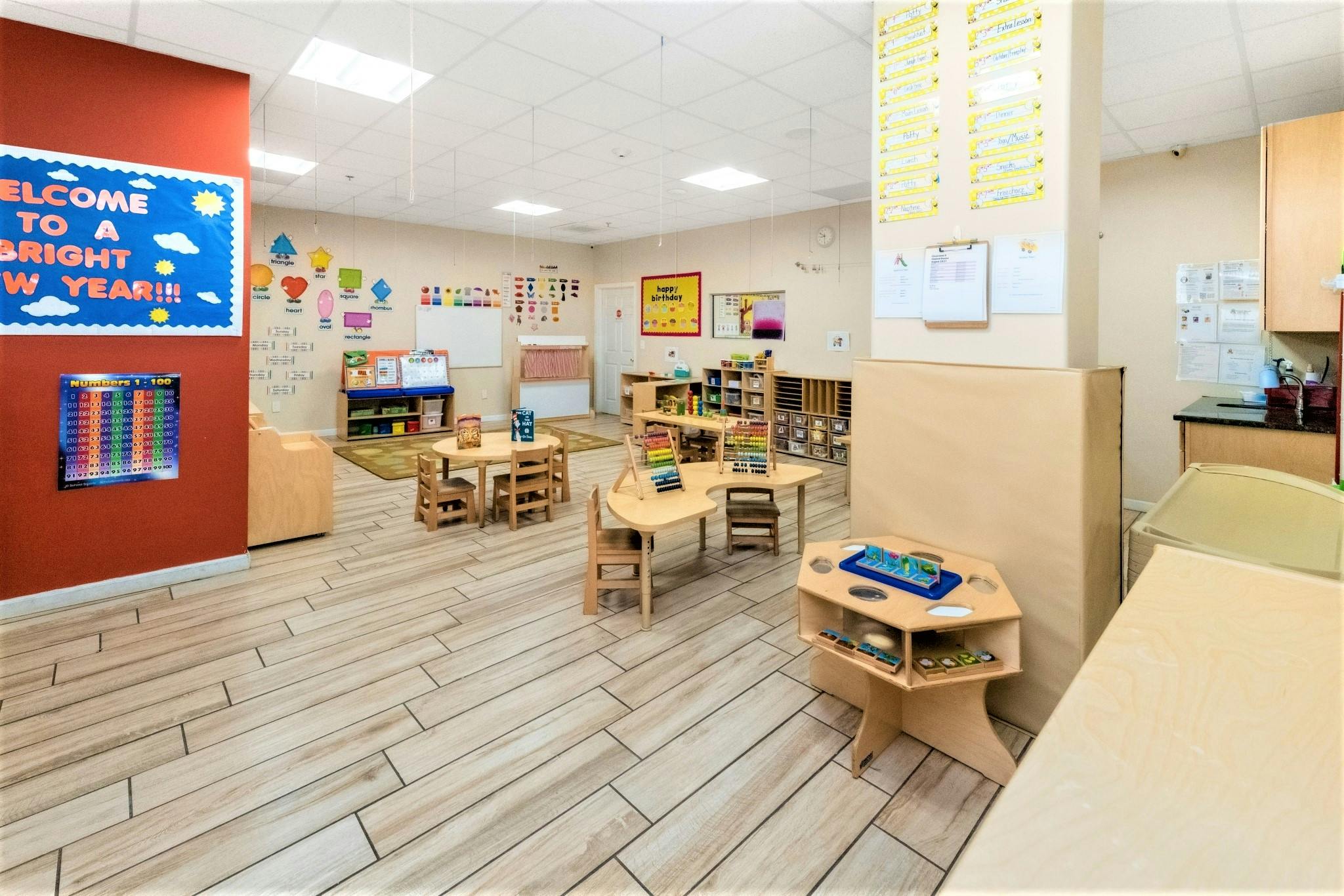 Empty classroom with small tables and chairs