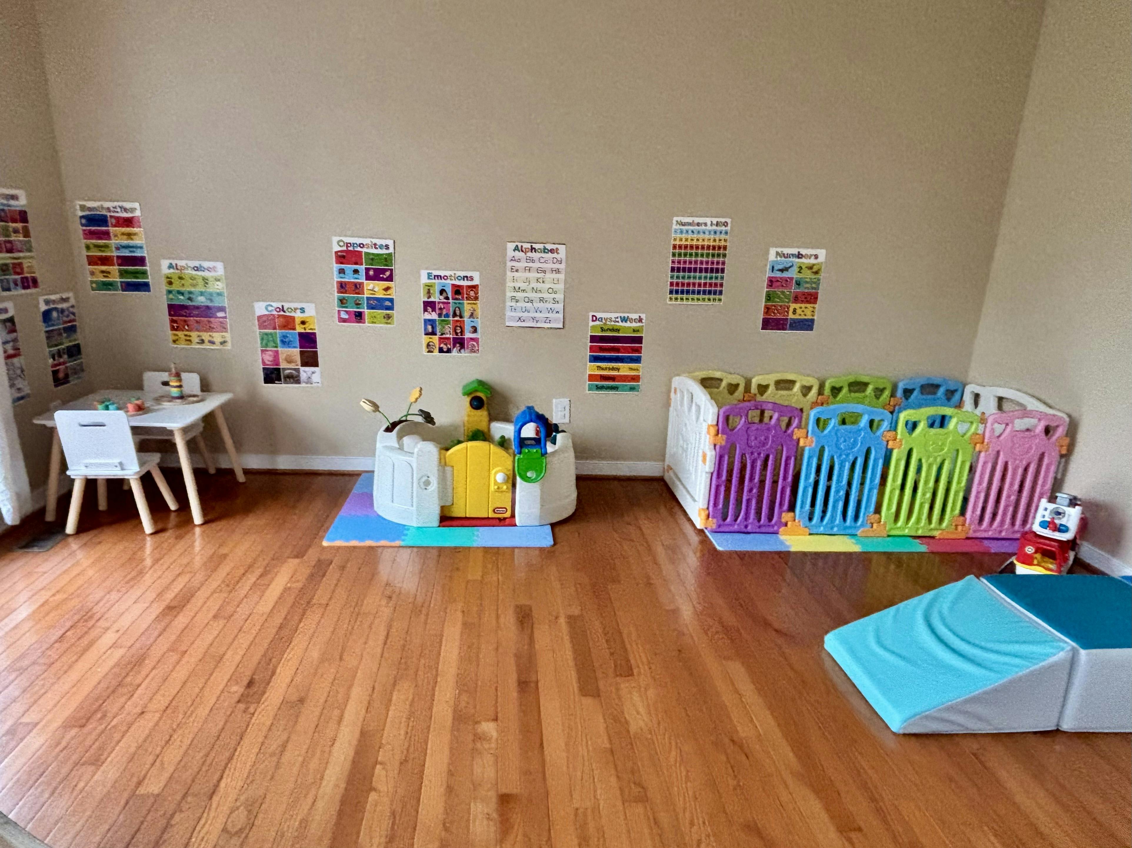 Playroom for children with educational wall charts and toy enclosures