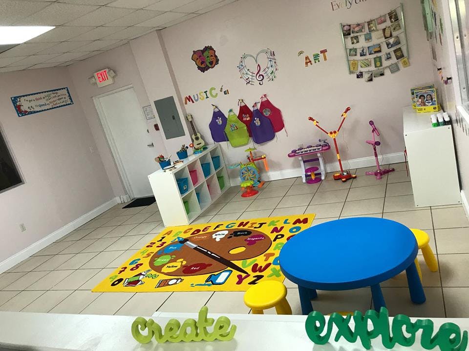 Children's play area with a colorful rug, small blue table, and art supplies