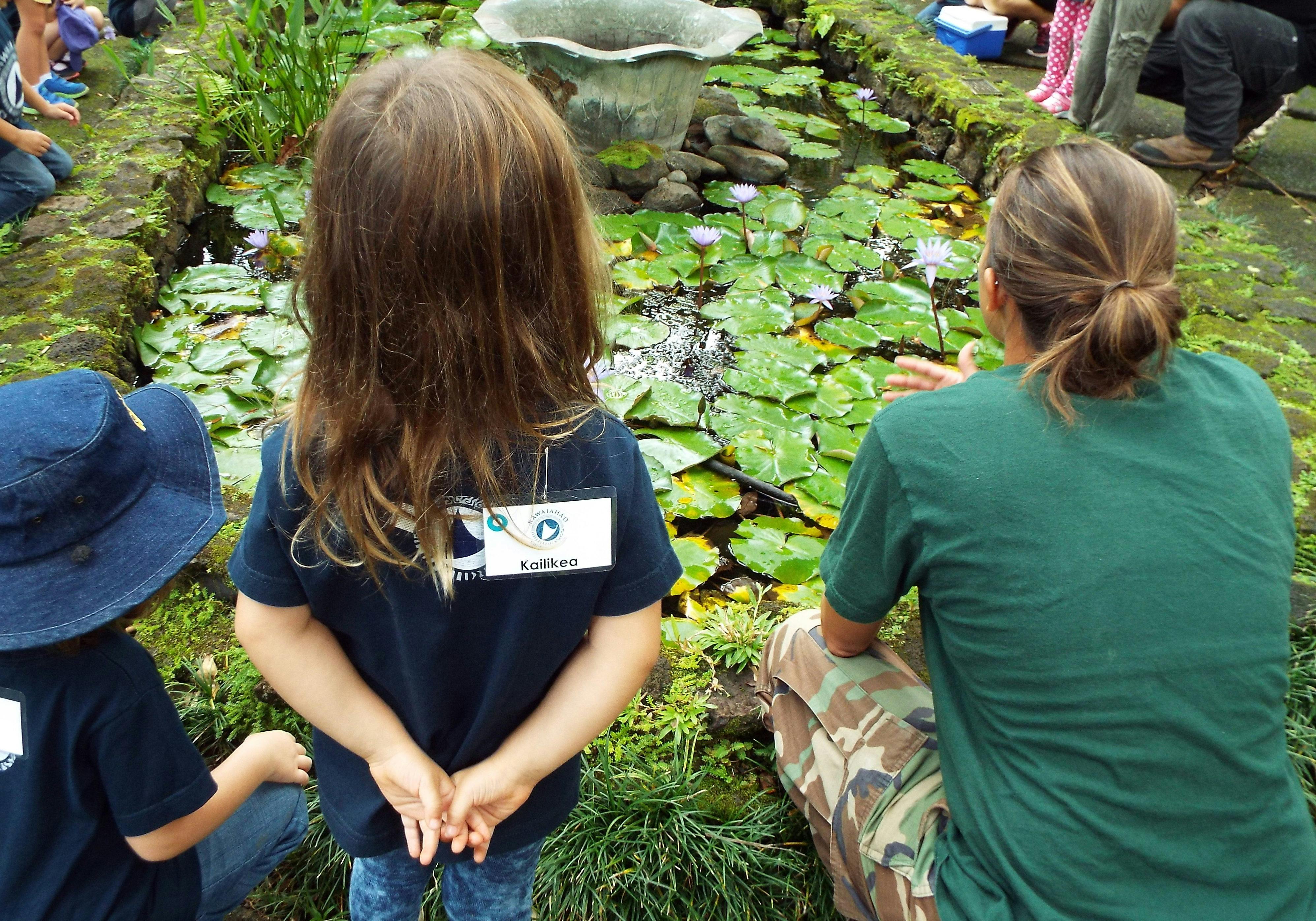 Child and person looking at a pond with lily pads