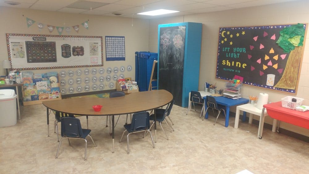 Classroom with tables and chairs