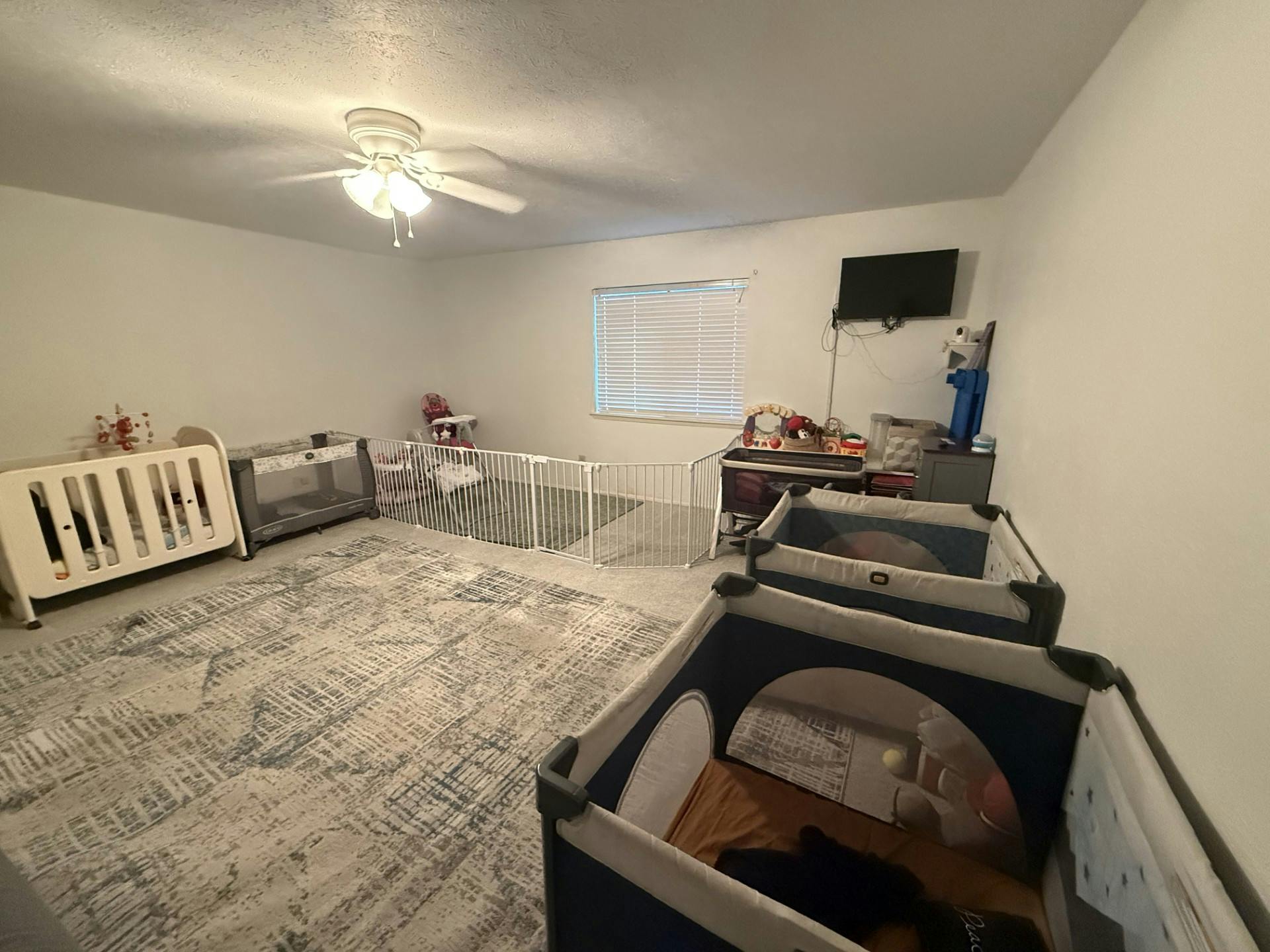 Baby cribs and playpens in a brightly lit room