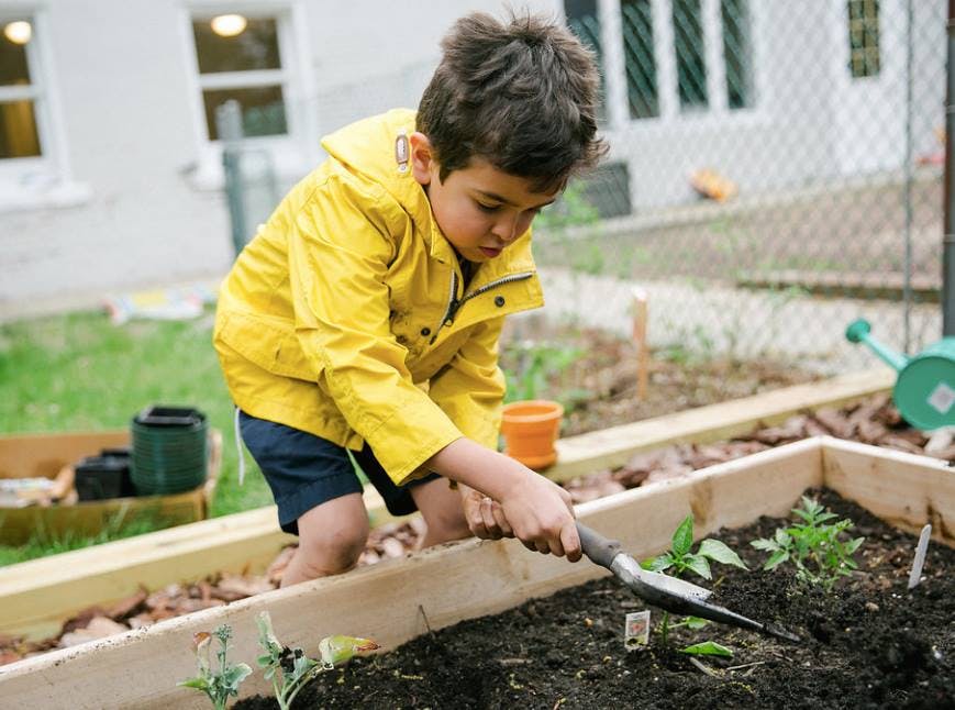 Child in yellow jacket digging in a garden bed with a trowel