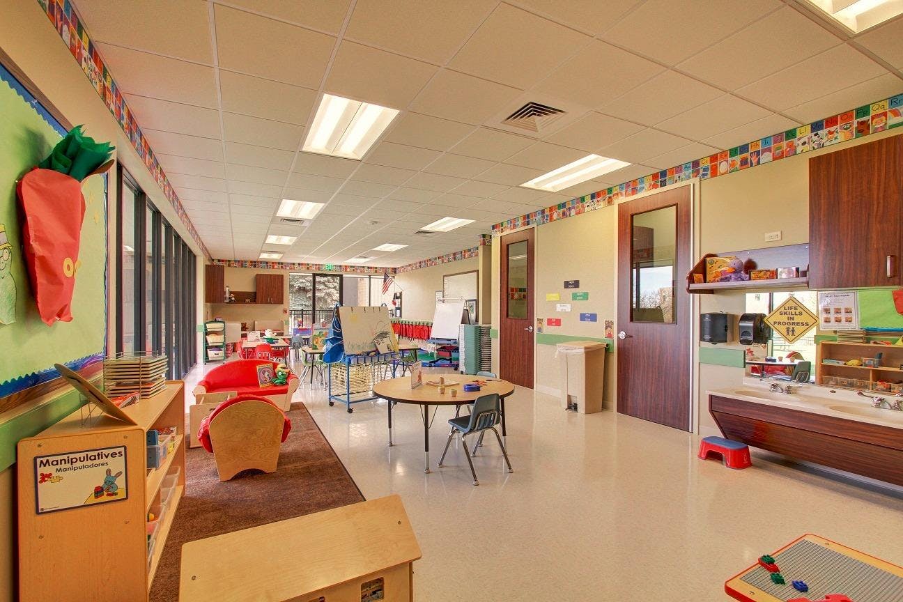 Empty classroom with small tables and chairs