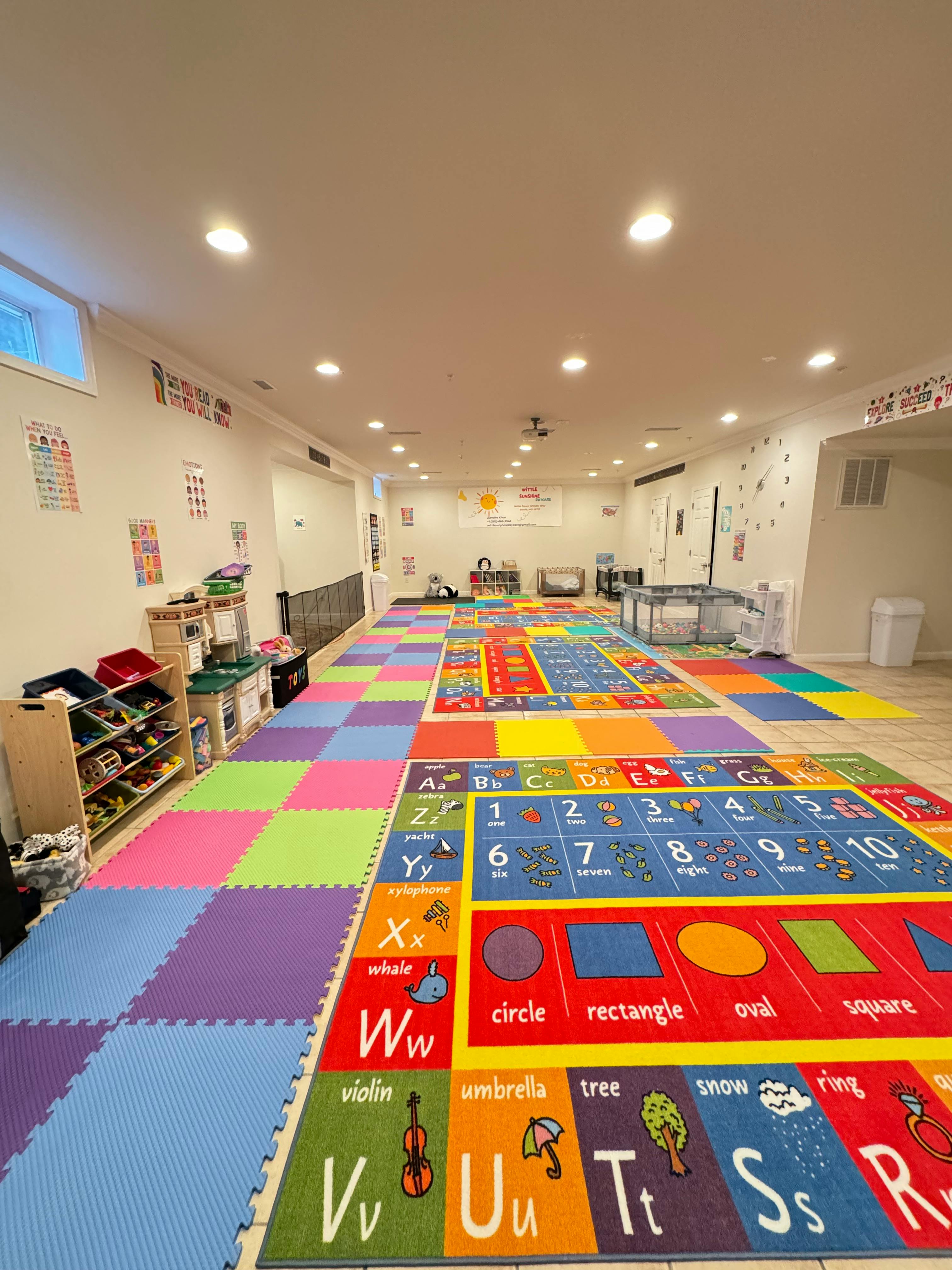 Playroom with colorful alphabet and number rugs on the floor